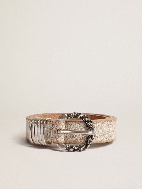 White and beige belt with silver colored braided buckle