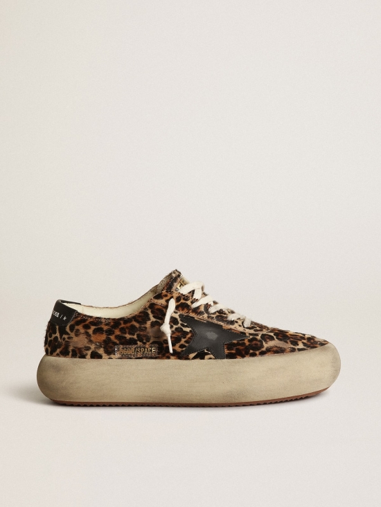 Women's Space-Star shoes in leopard-print pony skin with black leather star and heel tab